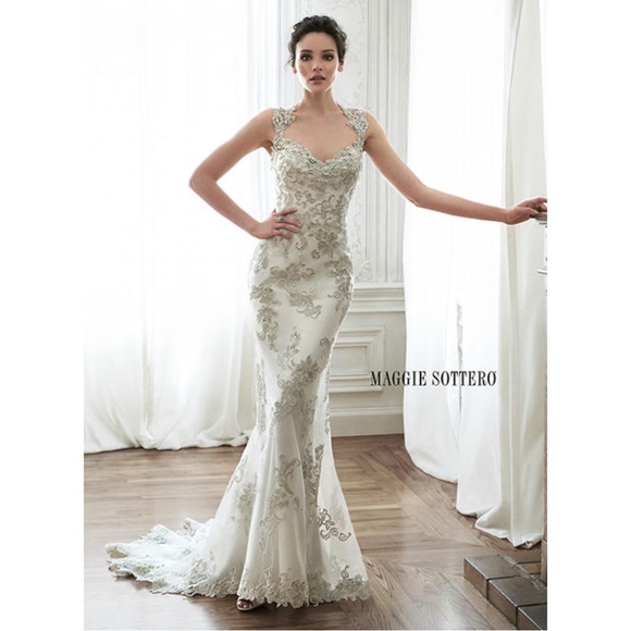 Maggie Sottero Jade 5MD056 Silver & Ivory Beaded Appliqué Mermaid Wedding Dress - Picture 1 of 11